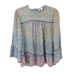 Lucky Brand Boho Sheer Floral Blouse  Ruffle Prairie Back Button Romantic Sz L